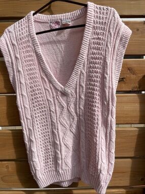 Vintage Over Sized Hot Gossip Light Pink Cable-Knit V-Neck Sweater Vest